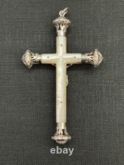 MAGNIFIQUE ancienne GRANDE CROIX PECTORALE PENDENTIF en NACRE et ARGENT MASSIF