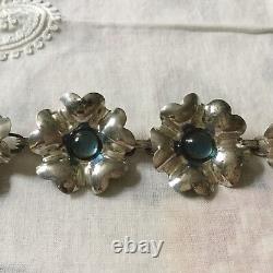 MODERNIST créateur ANCIEN BRACELET FLORAL, ARGENT MASSIF CABOCHON BLEU