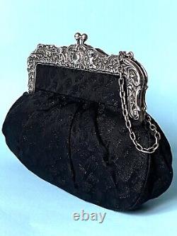 Magnifique Ancienne Minaudière En Argent Massif Et Soie Brocart