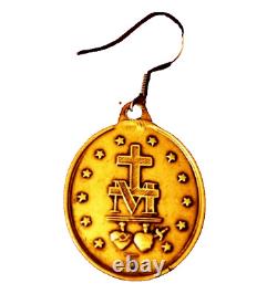 Médaille religieuse ancienne Argent Massif Vierge Miraculeuse Boucle Oreille 925