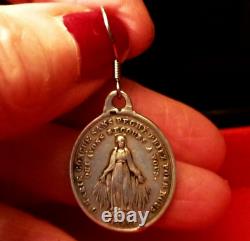 Médaille religieuse ancienne Argent Massif Vierge Miraculeuse Boucle Oreille 925
