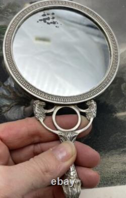 Miroir face à main ancien Argent Massif décor têtes de Chien