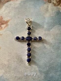 Naturel Saphir Bleu, Argent Massif, Grande Croix Ancienne