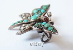 Papillon insecte Broche argent massif + turquoise Bijou ancien silver brooch