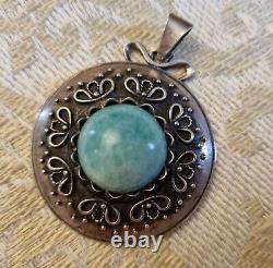Pendentif Ancien Artisan Argent Massif Amazonite Autriche Circa 1930 37mm H50mm