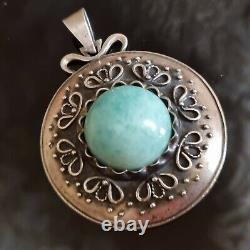 Pendentif Ancien Artisan Argent Massif Amazonite Autriche Circa 1930 37mm H50mm