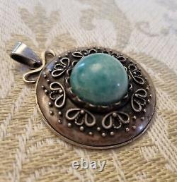 Pendentif Ancien Artisan Argent Massif Amazonite Autriche Circa 1930 37mm H50mm