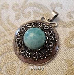 Pendentif Ancien Artisan Argent Massif Amazonite Autriche Circa 1930 37mm H50mm