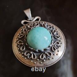 Pendentif Ancien Artisan Argent Massif Amazonite Autriche Circa 1930 37mm H50mm