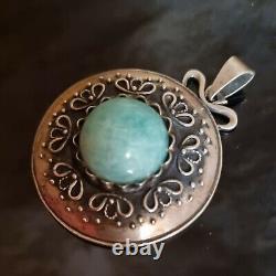 Pendentif Ancien Artisan Argent Massif Amazonite Autriche Circa 1930 37mm H50mm