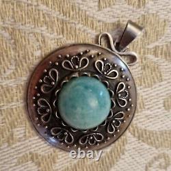 Pendentif Ancien Artisan Argent Massif Amazonite Autriche Circa 1930 37mm H50mm