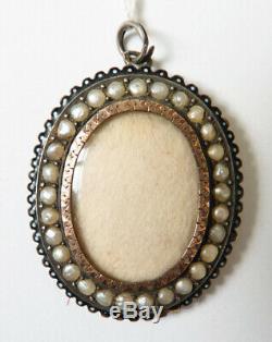 Pendentif argent massif + perles fines bijou ancien 19e siècle porte-photo