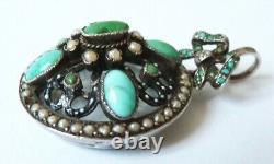 Pendentif argent massif + turquoise perles bijou ancien pearl porte-photo silver