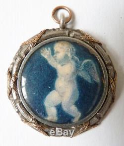 Pendentif médaillon en argent + OR + miniature Ange bijou ancien 18e siècle