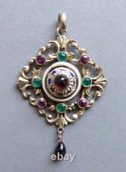 Pendentif vermeil argent massif + émail + pierres silver bijou ancien poinçon ET