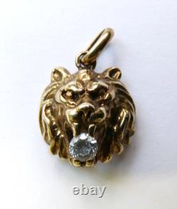 Petit pendentif ancien lion vermeil argent massif et strass