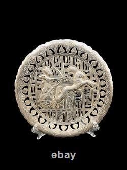 Plat ancien en argent massif avec scène pharaon égyptien, parfait état