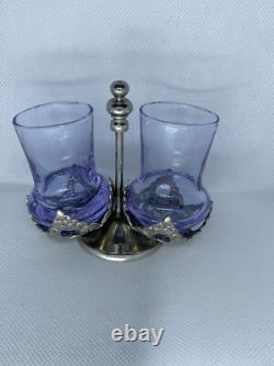 Porte-verres ancien en argent massif avec 2 verres violets