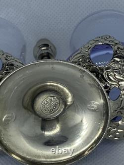 Porte-verres ancien en argent massif avec 2 verres violets