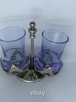 Porte-verres ancien en argent massif avec 2 verres violets