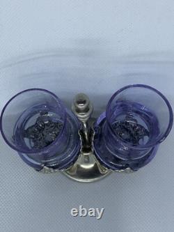 Porte-verres ancien en argent massif avec 2 verres violets