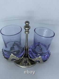 Porte-verres ancien en argent massif avec 2 verres violets