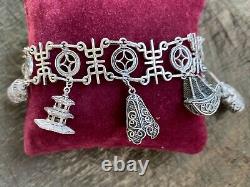 RARE Ancien Bracelet Argent massif Japon CHARMS Ancient Solid Silver Bracelet