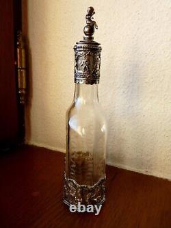 Rare Ancien Flacon Verre Grave Argent Massif Allemagne Antike Flasche Silber 800