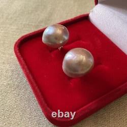 Rare Enorme Perle Rose Gris Mabé, Argent Massif, Anciennes Boucles D'oreilles
