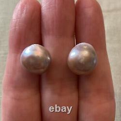 Rare Enorme Perle Rose Gris Mabé, Argent Massif, Anciennes Boucles D'oreilles