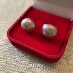 Rare Enorme Perle Rose Gris Mabé, Argent Massif, Anciennes Boucles D'oreilles
