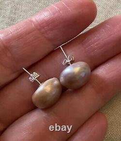 Rare Enorme Perle Rose Gris Mabé, Argent Massif, Anciennes Boucles D'oreilles