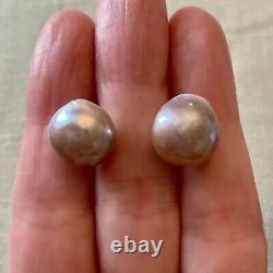 Rare Enorme Perle Rose Gris Mabé, Argent Massif, Anciennes Boucles D'oreilles
