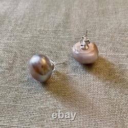 Rare Enorme Perle Rose Gris Mabé, Argent Massif, Anciennes Boucles D'oreilles