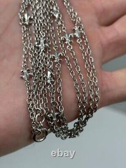 Rare ancien Sautoir Double 1900 en Argent Massif Maille et Fleurs de Lys