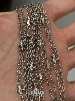 Rare ancien Sautoir Double 1900 en Argent Massif Maille et Fleurs de Lys