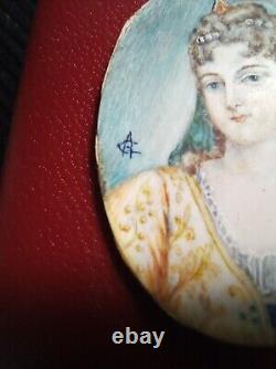 Rare broche ancienne 19eme Peinture miniature Portrait argent Massif
