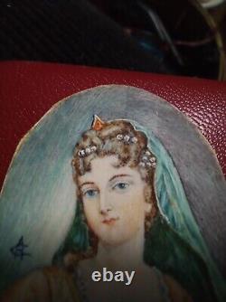 Rare broche ancienne 19eme Peinture miniature Portrait argent Massif