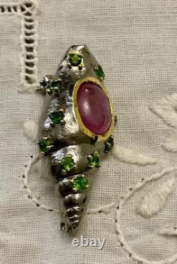 Rubis En Cabochon PÉRIDOT EN OR, ARGENT, ANCIENNE BROCH, CRÉATEUR