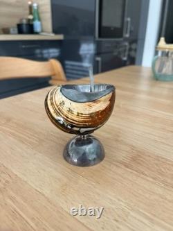 Salière ancienne coquillage naturel et argent massif Sterling 925 avec cuillère