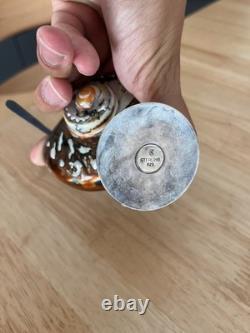 Salière ancienne coquillage naturel et argent massif Sterling 925 avec cuillère