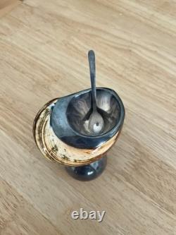 Salière ancienne coquillage naturel et argent massif Sterling 925 avec cuillère