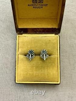 Saphir Véritable Fleur Jolies Anciennes Boucles D'oreilles En Argent Massif