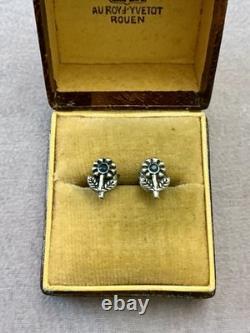 Saphir Véritable Fleur Jolies Anciennes Boucles D'oreilles En Argent Massif