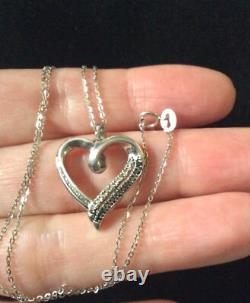 Splendide Ancien Collier Coeur Veritable Diamants Noirs/blanc Et Argent Massif
