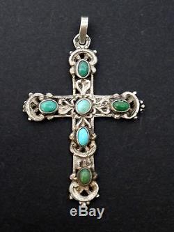Superbe ancienne croix argent massif et cabochons de turquoise