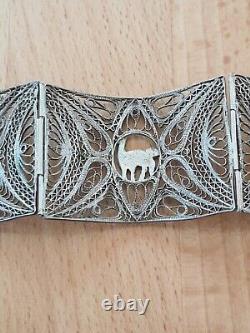 Superbe bracelet ancien articulé large argent massif filigrane et or 18K 24,4 g