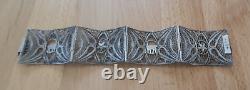 Superbe bracelet ancien articulé large argent massif filigrane et or 18K 24,4 g