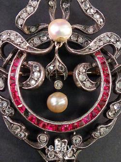 Superbe broche pendentif ancien argent massif or 18k diamants, rubis et perles