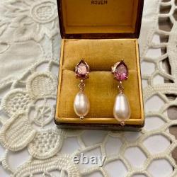 Tourmaline Perle Rose Anciennes Boucles D'oreilles Argent Massif Vermeil